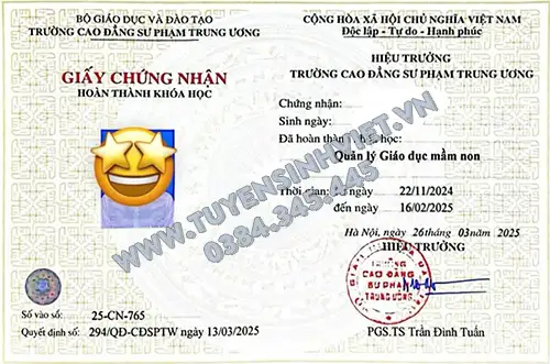 Chứng nhận Bồi dưỡng nghiệp vụ Quản lý giáo dục trường Mầm non
