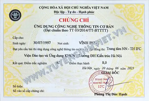 hi Chứng chỉ Tin học Cơ bản Đại học Kiến Trúc Hà Nội ngày 21/09/2025
